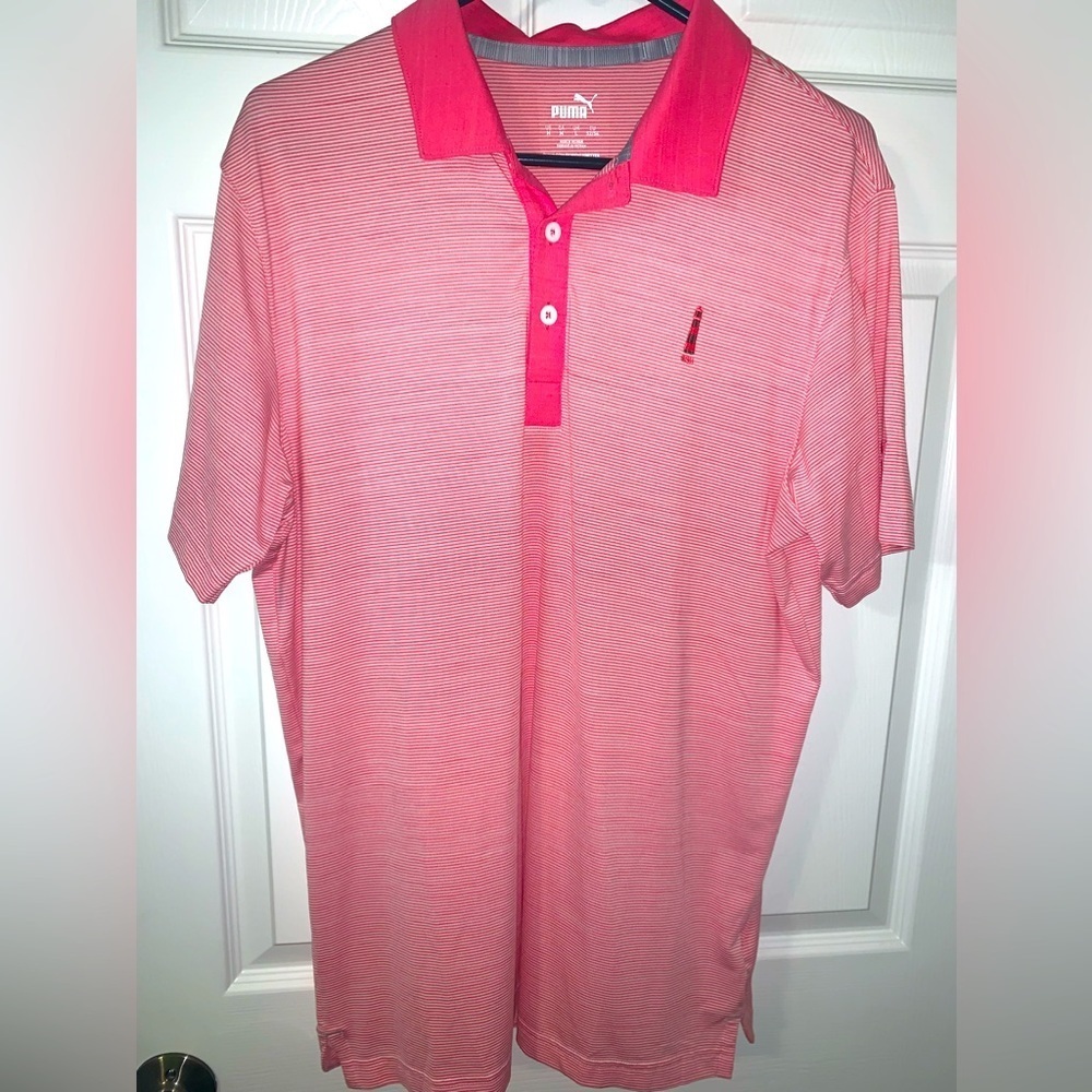 PUMA Pink & White Striped Mens Polyester Golf Polo Shirt